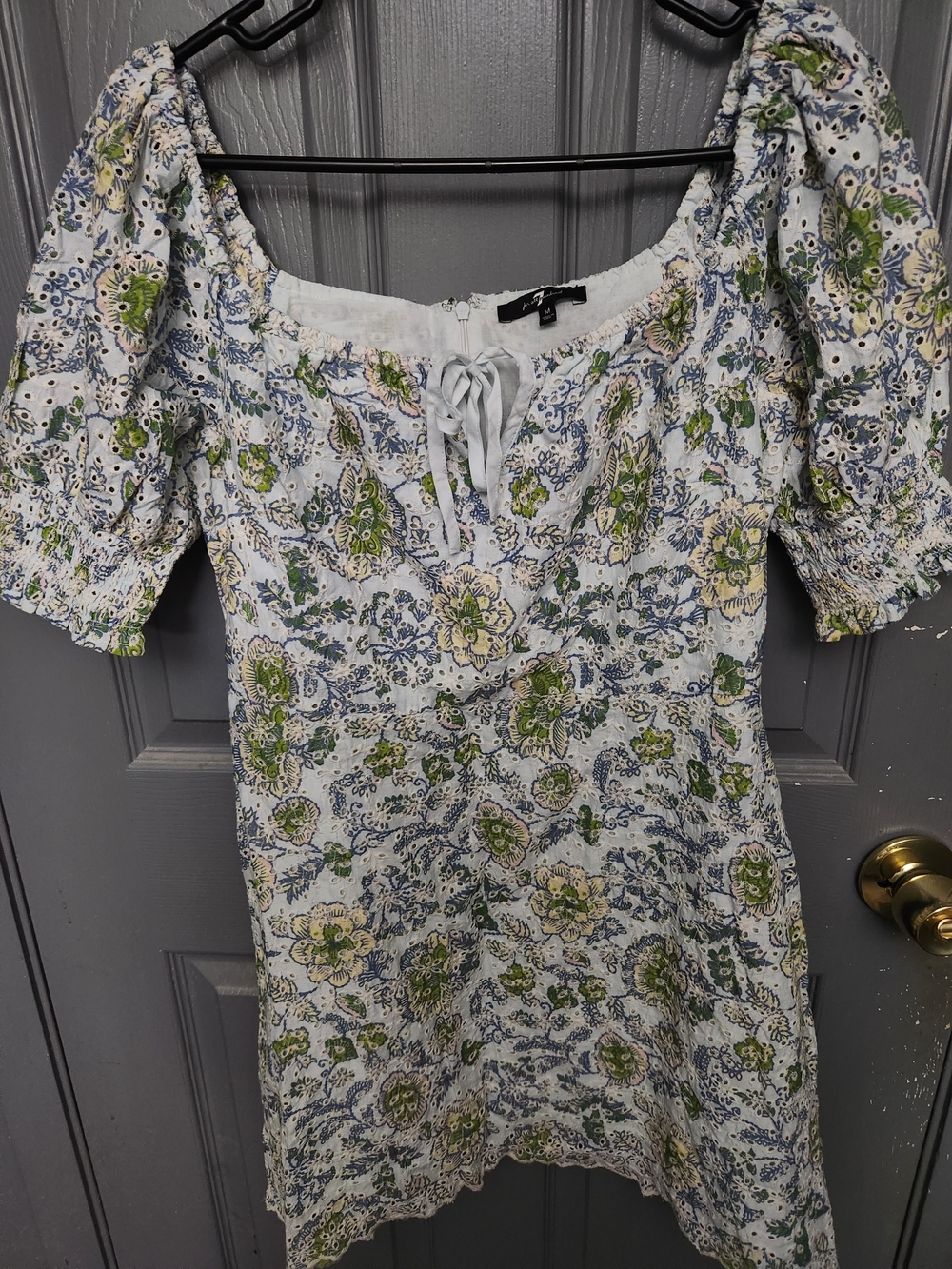 7 For All Mankind White Floral Puff-Sleeve Tunic with Green & Blue Print